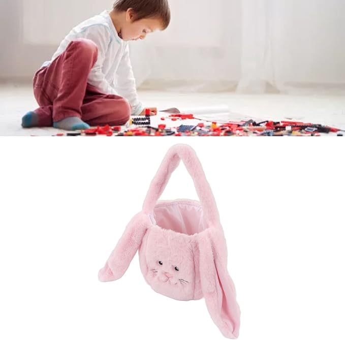 Spryflower Plush Easter Bunny Basket, Children Easter Basket, Cute Cartoon Long Ears Bunny Egg Basket, Soft Plush Easter Gift Bag for Kids, Perfect for Easter Egg Hunt and Family Gath (Pink)