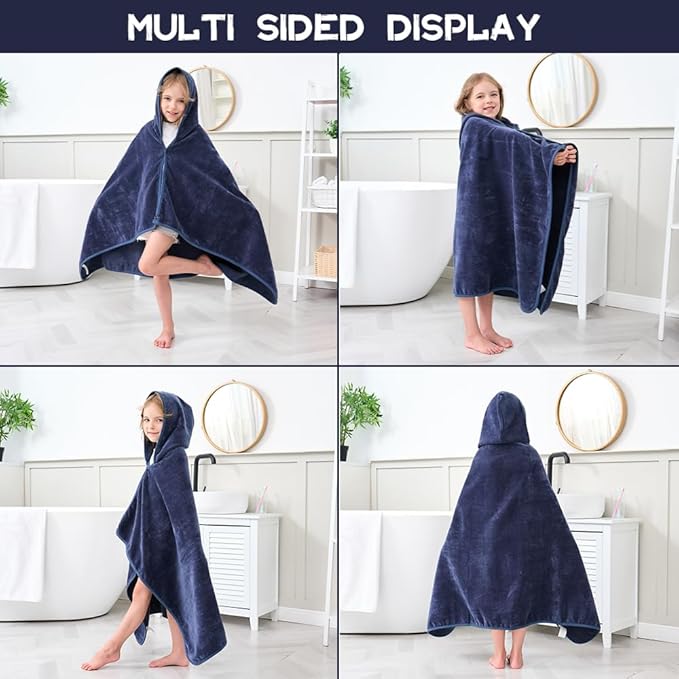 Hiturbo Kids Hooded Bath Towel: 100% Cotton Soft Thick Absorbent Towels Wrap - 50"x30" Shower Beach Pool Wearable Blanket for 3-12 Yrs Boys Girls - Navy