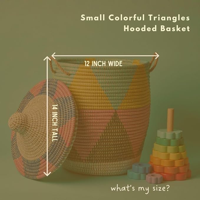 Small Colorful Basket, Shelf Basket, Storage Hamper for Towels, Clothes, Bath Tissue, Toys, Blankets, Bedroom, Living Room, Nursery, Wicker, Lid, Handles, Triangles Pattern