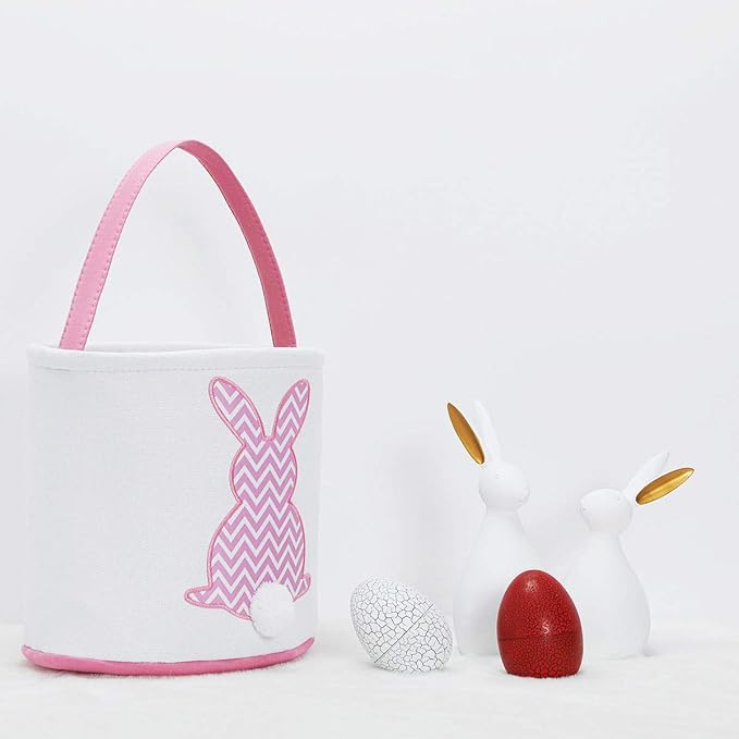 MONOBLANKS Easter Bunny Basket Bags, Rabbit Bucket Tote for Easter Egg Hunts Decorations Candy Gifts Storage (Pink(wave))