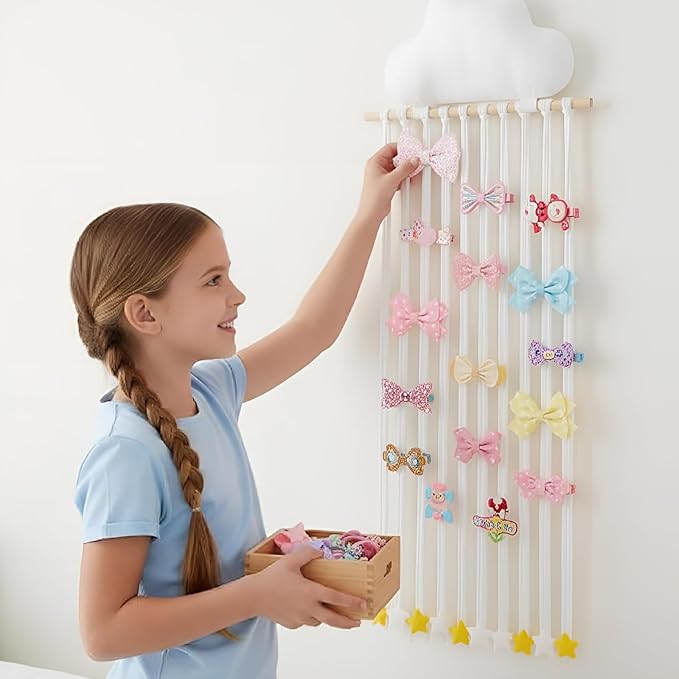 Long Bow Holder for Girls Baby White Clouds Hair Bows Clip Organizer 31.5 Inch Baby Hair Accessories Storage Display Hanging Decor for Girls Nursery Room Bedroom Living Room