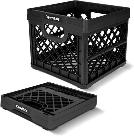 CleverMade Collapsible Milk Crate 25L (6.6 Gal), 50 lb Heavy Duty Folding Crate – Stackable Storage Crates with File Rails, Plastic Collapsible Crates for Storage - Obsidian