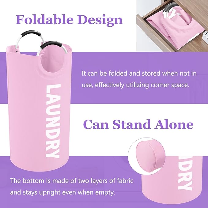 3PCS 95L Laundry Basket, Collapsible Clothes Hamper with Handle, 600D Oxford Cloth Laundry Bin, Stand-alone Dirty Clothes Hamper for Livingroom, Bedroom, Family, Pink+Blue+Purple