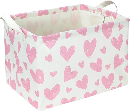 Rectangular Pink Heart Fabric Storage Basket, Books Box, Lovely Storage Trunk, Room Decor, Gift Basket(Pink Heart)