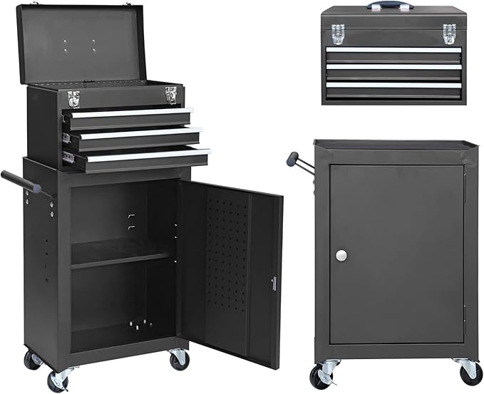 GSTANDARD APTB202B Torin Rolling Garage Tool Cabinet: Detachable 3 Drawer Tool Chest with Large Storage Cabinet and Adjustable Shelf, Black