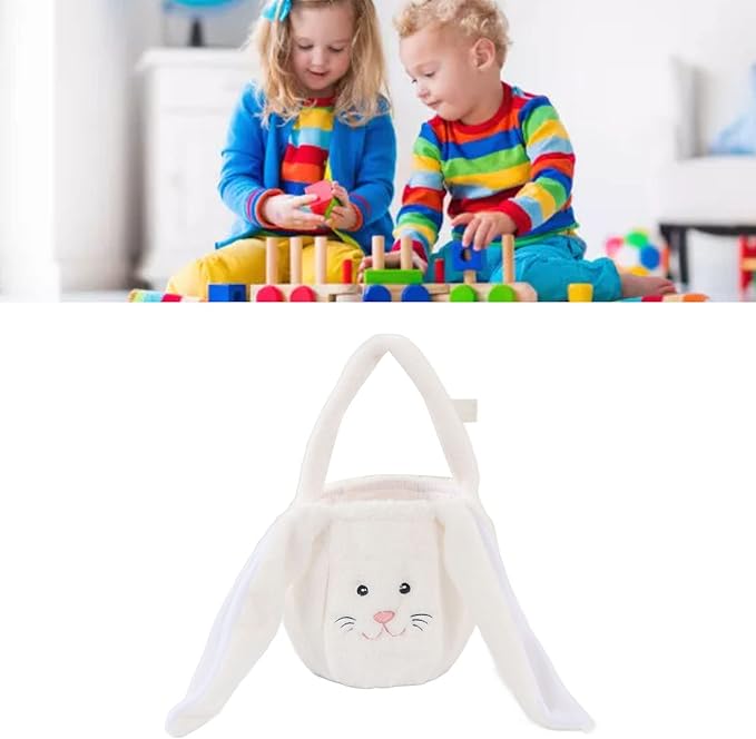 Spryflower Plush Easter Bunny Basket, Children Easter Basket, Cute Cartoon Long Ears Bunny Egg Basket, Soft Plush Easter Gift Bag for Kids, Perfect for Easter Egg Hunt and Family Gath (White)