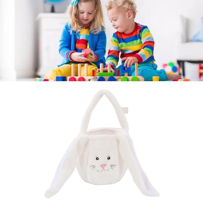 Plush Easter Bunny Basket, Children Easter Basket, Cute Cartoon Bunny Bag with Long Ears, Soft Plush Easter Egg Collector for Kids Easter Party Gift (White)