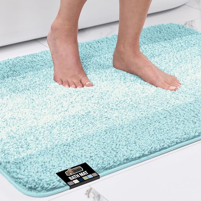 GORILLA GRIP Soft Plush Bathroom Rugs with Textured Rubber Backing, 40 x 24 Absorbent Quick Dry Bath Mat, Machine Washable Shower Mats, Home Décor Accessories, Bathmat Rug Floor Essentials, Light Blue
