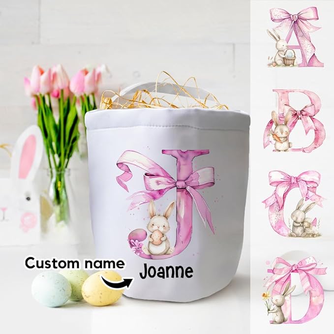 CALLIE Personalized Easter Basket for Kids, Custom Name Initial Rabbits Canvas Easter Hunt Bag Gifts