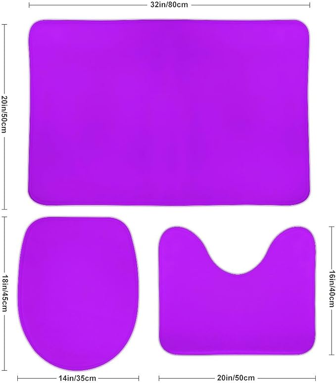 3 Pieces Bath Rug Sets, Neon Purple Elegant Bathroom Mat Set Non Slip U Shaped Contour Rug & Toilet Lid Cover