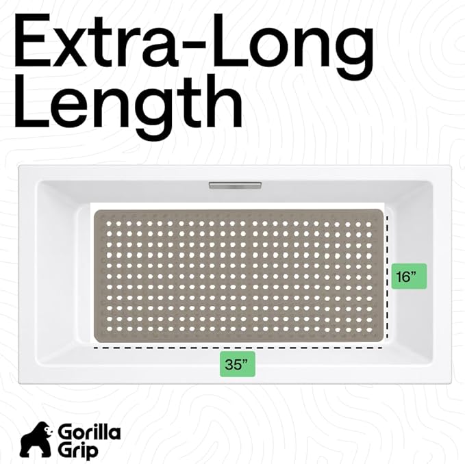 GORILLA GRIP Patented Bath Tub Shower Mat, Machine Washable Bathtub Floor Liner Mats, Suction Cups and Drain Holes to Keep Tubs Clean, Soft on Feet, Bathroom Essentials, 35x16 Inch, Beige