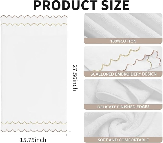 100% Cotton Hand Towels for Bathroom 2 Pcs Scalloped Hand Towels 16 * 27 Inch Embroidered Decorative 600 GSM Soft Absorbent Bath Towel for Spa Yoga Hotel Sport (Bowrn)