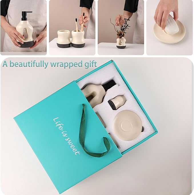 5PCS Bathroom Accessories Set, Two Toothbrush Cups, Soap Dispenser, one Aromatherapy Decorative Cup, and one soap Dish，Bathroom Organizer for Modern Bathrooms