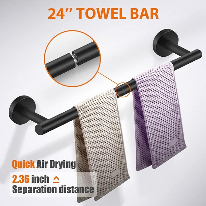 5-Pieces Matte Black Bathroom Hardware Set SUS304 Stainless Steel Round Wall Mounted - Includes 24" Hand Towel Bar, Toilet Paper Holder, 3 Robe Towel Hooks, Bathroom Accessories Kit