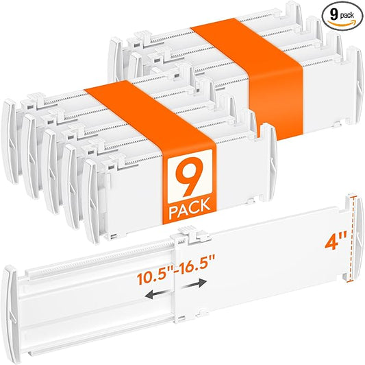 Lifewit 4" Tall 9 Pack Drawer Dividers, 27-42cm/10.5-16.5" Expandable Drawer Divider for Clothes, Adjustable Dresser Drawer Organizers, Drawers Separators for Dresser/Bathroom/Closet/Kitchen White