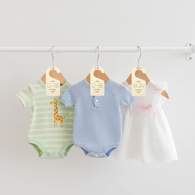 TIESOME 7 Pcs Baby Closet Size Dividers, Wooden Double-Sided Baby Clothes Separators for Closet for Newborn to 24 Months, Easy to Read Size Tabs for Nursery Closets Organization, Cute Hanger Decor