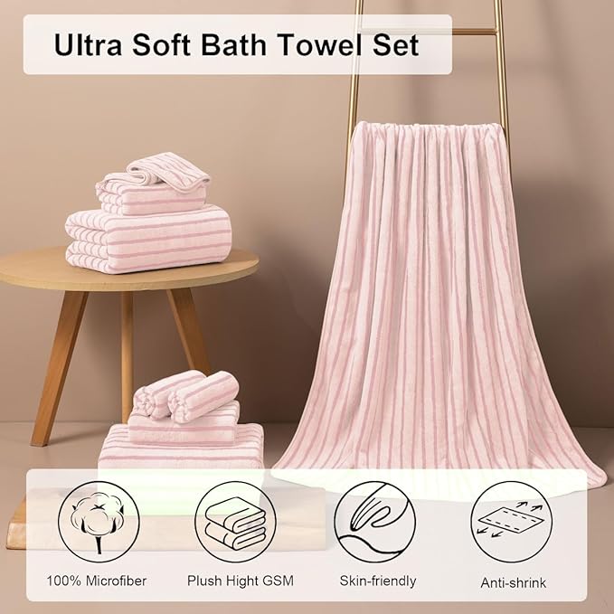 4 Piece Pink Cabana Stripe Large Bath Towels 35"x70" Oversized Bath Sheet Super Soft Breathable Jumbo Bathroom Towels Highly Absorbent Shower Towel Quick Dry Beach Chair Towel Spa Gym Hotel Towel Set