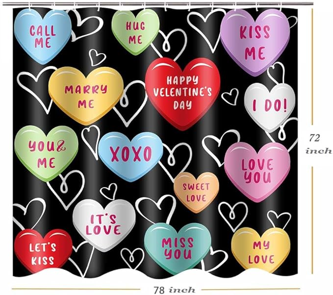 Happy Valentine Day Cute 72x78 Shower Curtain for Girls Love Me Kiss Me Red Black Love Hearts Romantic Shower Curtain Set Decor Bathroom Accessories Fabric Polyester Kid Bath Curtain with Hooks
