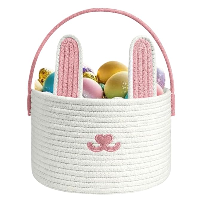 Woven Easter Basket - Cotton Rope Container, Easter Bunny Baskets with Handle for Boys Girls Candy Toys Snacks Party Holiday Spring Festival Gift Basket Kids Adults Decorative Storage Fun