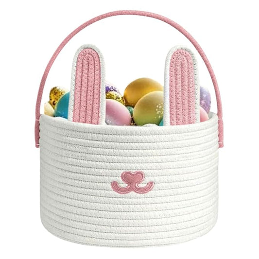 Woven Easter Basket - Cotton Rope Container, Easter Bunny Baskets with Handle for Boys Girls Candy Toys Snacks Party Holiday Spring Festival Gift Basket Kids Adults Decorative Storage Fun