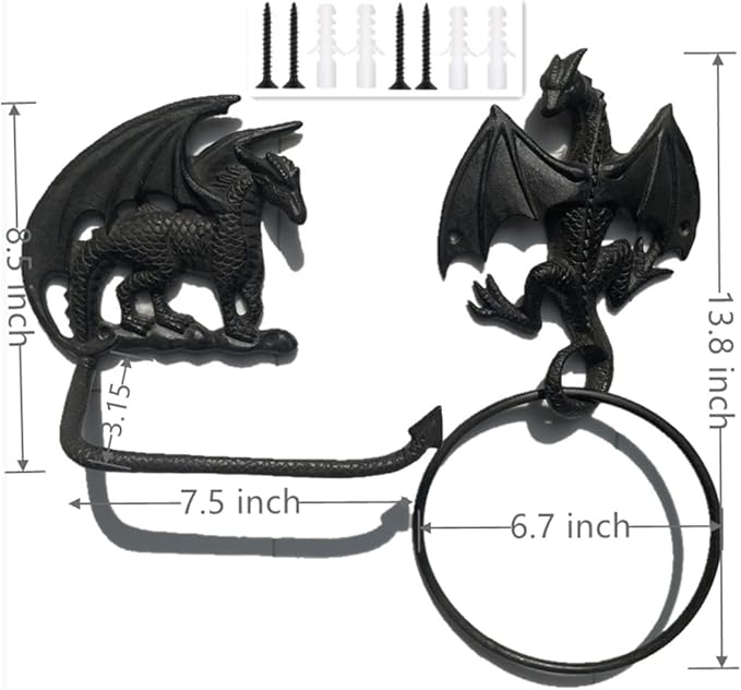 Gothic Dragon Cast Iron Toilet Paper Holder and Towel Ring Set, Wall Mounted Decorative Bathroom Accessories, 2 PCs