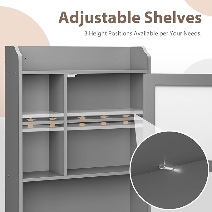 ZenStyle Over The Toilet Cabinet Double Door Wood Bathroom Storage Organizer with Adjustable Shelves, Cubby and Tempered Glass Door (Grey)