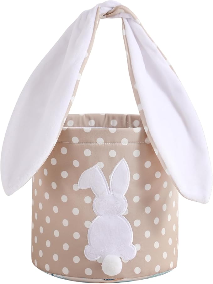 MONOBLANKS Easter Bunny Basket Bags Carrying Gift and Eggs Hunt Bag,Rabbit Canvas Toys Bucket Tote (A-Polka dot)