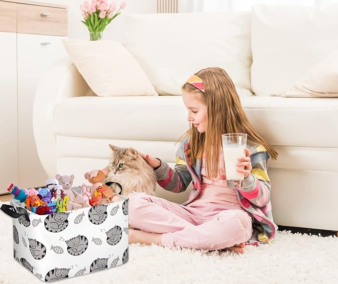 HIYAGON Cat Basket Cute Toy Storage Basket Bin Organizer Box Kids Gift Basket Empty Rectangular Cat Room Decor for Home Books(Fish & cats)