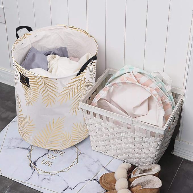 UUJOLY Collapsible Laundry Basket, Laundry Hamper with Handles Waterproof Round Cotton Linen Laundry Hamper Printing Household Organizer Basket, 19.7x15.7 inches (Gold leaf)