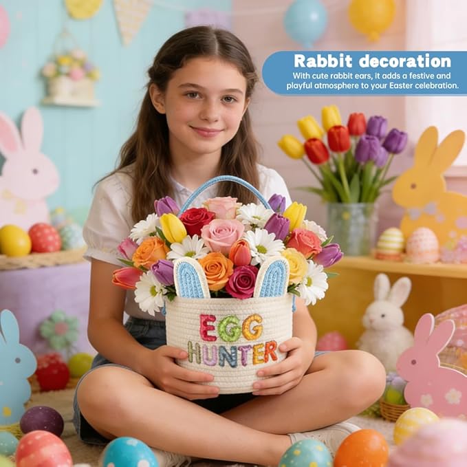 Easter Basket, Soft & Durable Easter Bunny Basket with 10 Pack Eggs, Woven Cotton Rope Egg Baskets