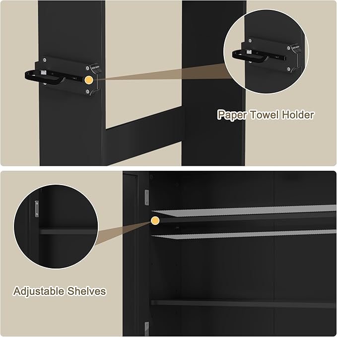 Over The Toilet Storage Cabinet with Gold Trim, Modern Bathroom Organizer Over Toilet with Adjustable Shelves and Toilet Paper Holder for Bathroom (Black)