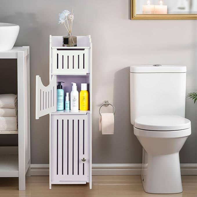 LuiceABC Toilet Paper Holder Stand, Over The Toilet Storage Cabinet for Bathroom, Slim Corner Shelf for Small Space Storage, Small Bathroom Storage Cabinet with Doors, White