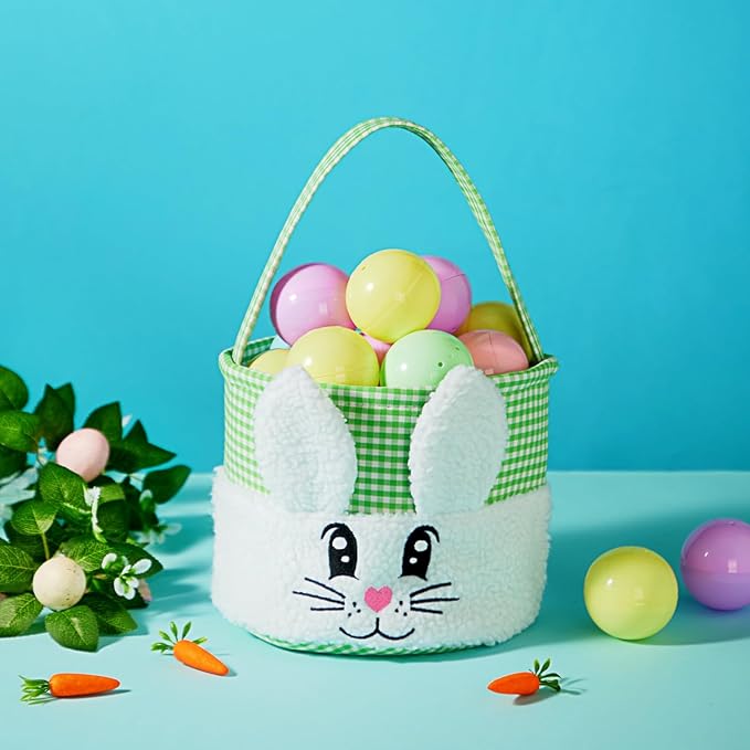 CHOIEO Plush Easter Baskets with Embroidered Bunny Face for Egg Hunts, Gifts, Toys and Spring Decor (Blue+Green)