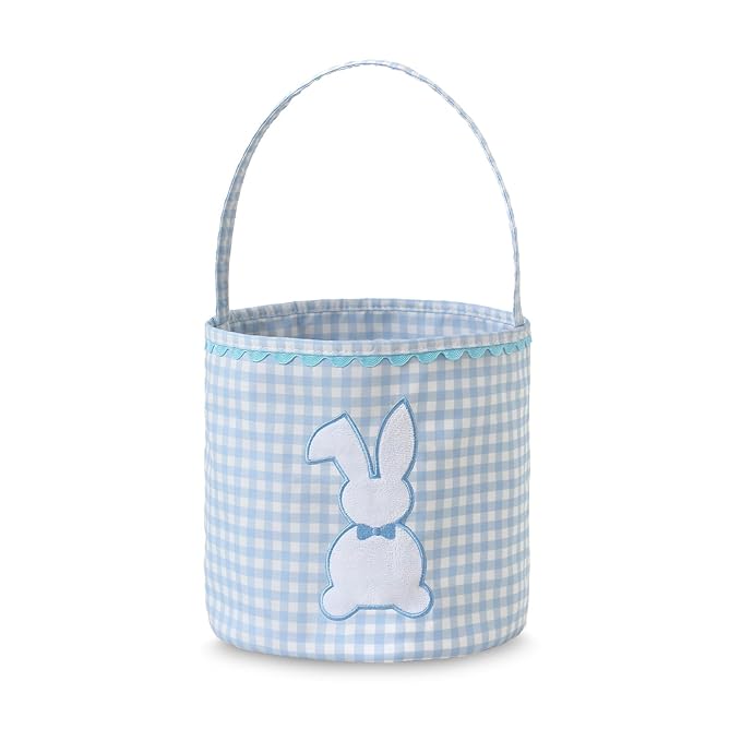 DYSHAYEN Bunny Easter Basket, Gingham Empty Easter Bucket with Handle for Easter Egg Hunts Party Favor Decorations (Blue)