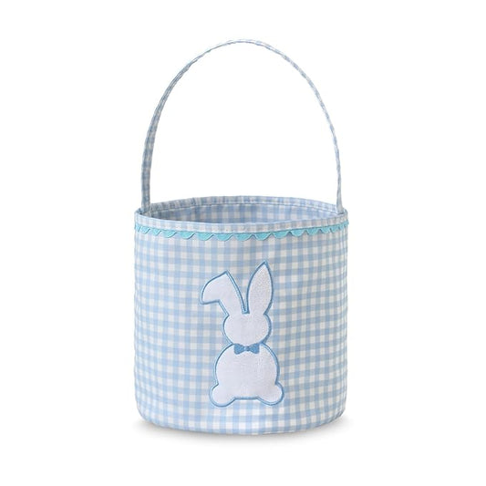 DYSHAYEN Bunny Easter Basket, Gingham Empty Easter Bucket with Handle for Easter Egg Hunts Party Favor Decorations (Blue)