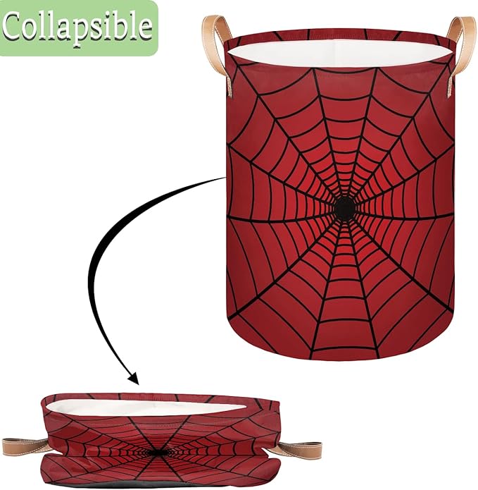 Red Spider Web Laundry Hamper Basket for Boys 18" Collapsible Polyester Sturdy & Lightweight Clothes Storage Bin with Handles for Kids Room Bedroom Bathroom Living