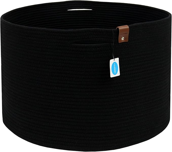 Casaphoria XXXLarge Cotton Rope Basket for Living Room - Woven Storage Basket with Handle for Blankets, Towels and Pillows Laundry Hamper | Dark Black (21" x 21" x 13.8")