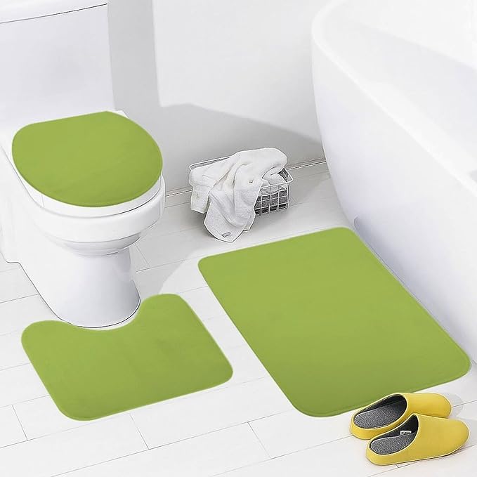 3 Pieces Bath Rug Sets, Lime Green Trend Color Bathroom Mat Set Non Slip U Shaped Contour Rug & Toilet Lid Cover