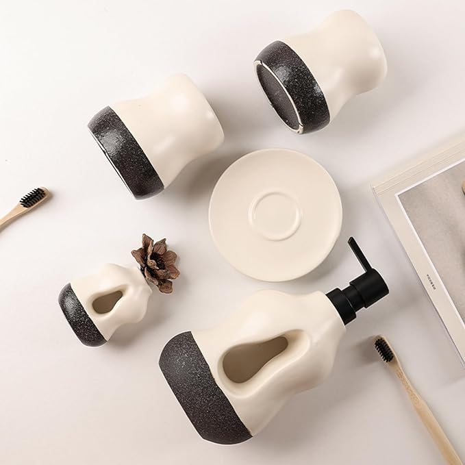 5PCS Bathroom Accessories Set, Two Toothbrush Cups, Soap Dispenser, one Aromatherapy Decorative Cup, and one soap Dish，Bathroom Organizer for Modern Bathrooms