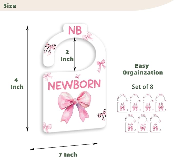 JMOST Pink Bows Baby Closet Dividers for Nursery Closet Organizer, Newborn to 24 Months Size Clothes, Hangers with Size Dividers, Double Sided