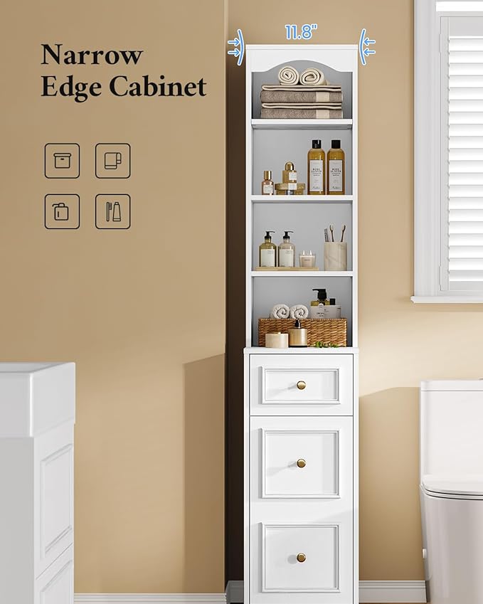 67" Tall Bathroom Storage Cabinet, L-Shaped 6-Tier Narrow Storage Cabinet with Adjustable Shelf, Slim Bathroom Storage Cabinet for Bathroom, Living Room, Home Office, Entryway, White