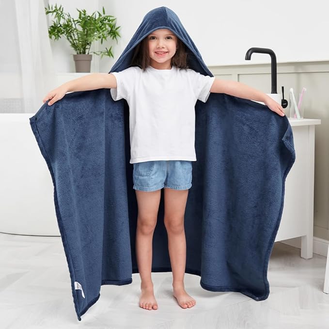 Hiturbo Kids Hooded Bath Towel: Soft Plush Pool Beach Fleece Towel Blanket - 50"x30" Toddler Towels Wrap for Boys Girls 3-12 Years (Navy)