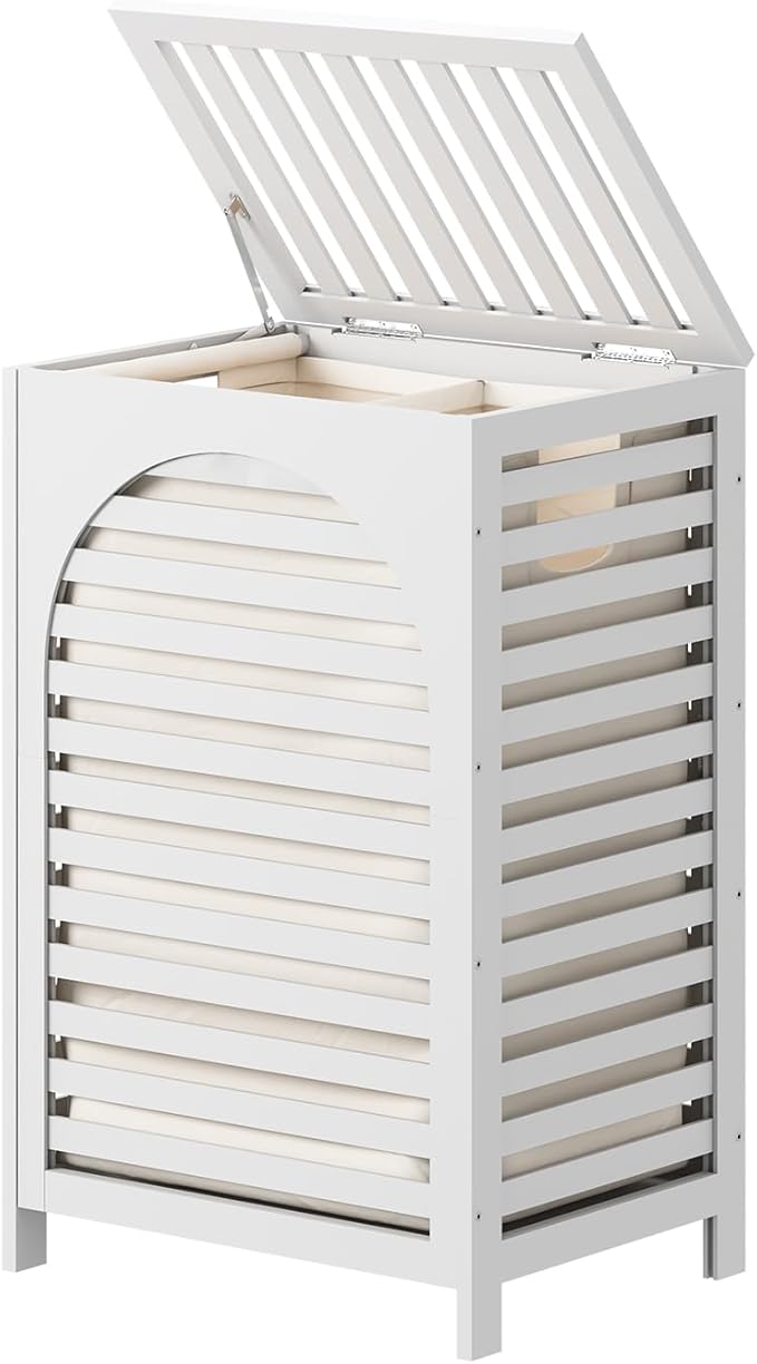 White Laundry Hamper, 22.5 Gallon (85L) Bamboo Wood Clothes Laundry Basket with Lid and Handles, Removable Liner