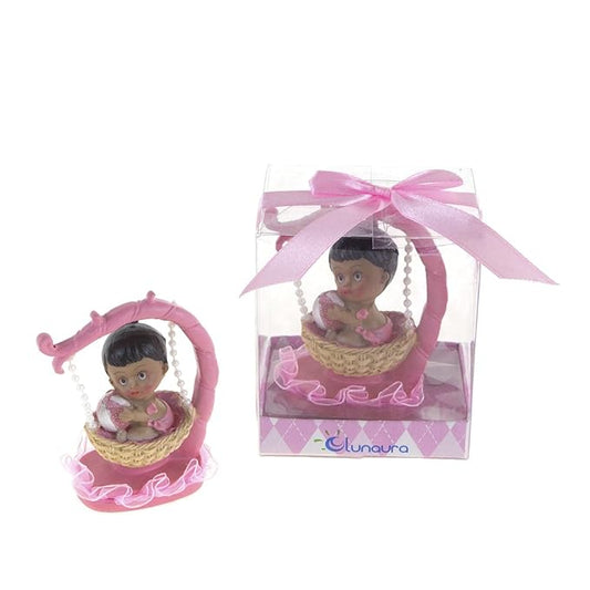 Lunaura Baby Keepsake - Set of 12 "Girl" Black Ethnic Baby Sitting in Hanging Basket Favors - Pink