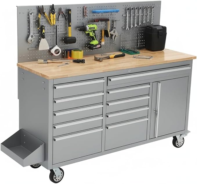 61" Rolling Tool Chest with 10 Drawers, Workbench Cabinet with Power Strip, Solid Rubber Wood Top, 1675 LBS Load, Mobile Heavy Duty Garage Storage, Locking Wheels
