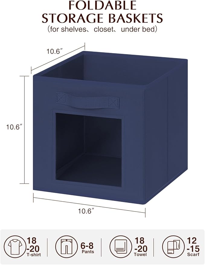 Storage Cube 11 Inch - Cube Storage Bins with Window, Closet Storage Baskets with Handle, Fabric Bins for Closet, Shelves, Toys, Clothes, Set of 6, Navy Blue