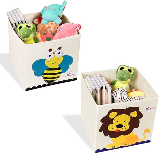 2 Pcs Foldable Animal Toy Storage Box/Bin/Cube, Collapsible Storage Organizer Chest Basket Container for Kids, Toddlers, Boys and Girls(13 x 13 x 13 Inch, Lion & Bee)