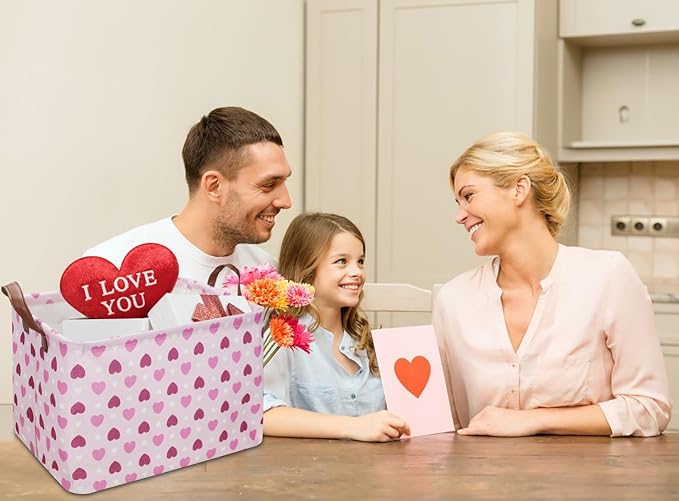 Rectangular Pink Heart Gift Basket Empty,Fabric Storage Basket with Handles,Kids Toys/Books Box,Lovely Storage Bin,Room Decor(Pink Love)