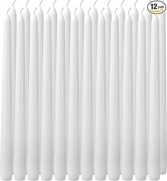 24 Pack White Taper Candles丨Taper Candles 10 Inch Dripless丨Unscented & Smokeless Candlesticks Bulk丨7-8 Hours Long Burning Tall Candles丨Ideal for Christmas Weddings Parties Dinner