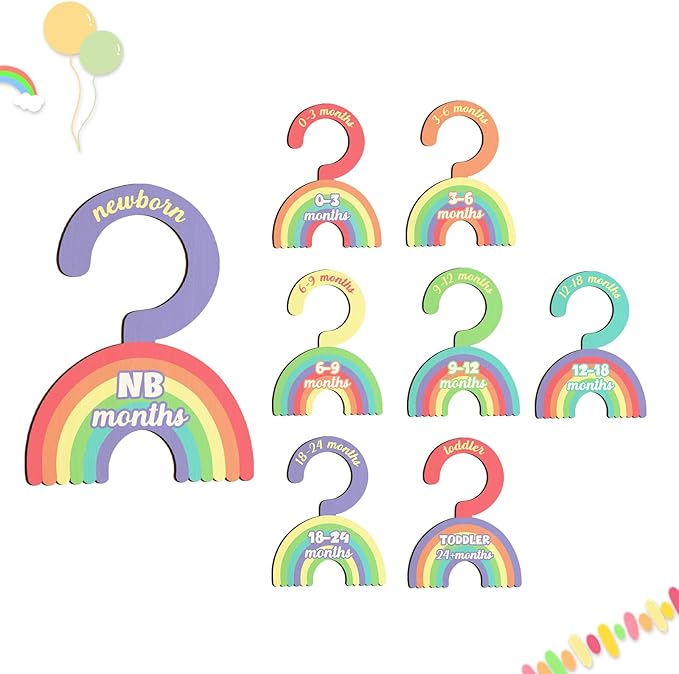 Baby Clothes Dividers for Closet - Set of 8 Wooden Baby Size Closet Dividers Newborn to 24 Months, Newborn Organizer for Boys Girls - Rainbow Baby Nursery Decor Kit Newborns Gift Baby Shower